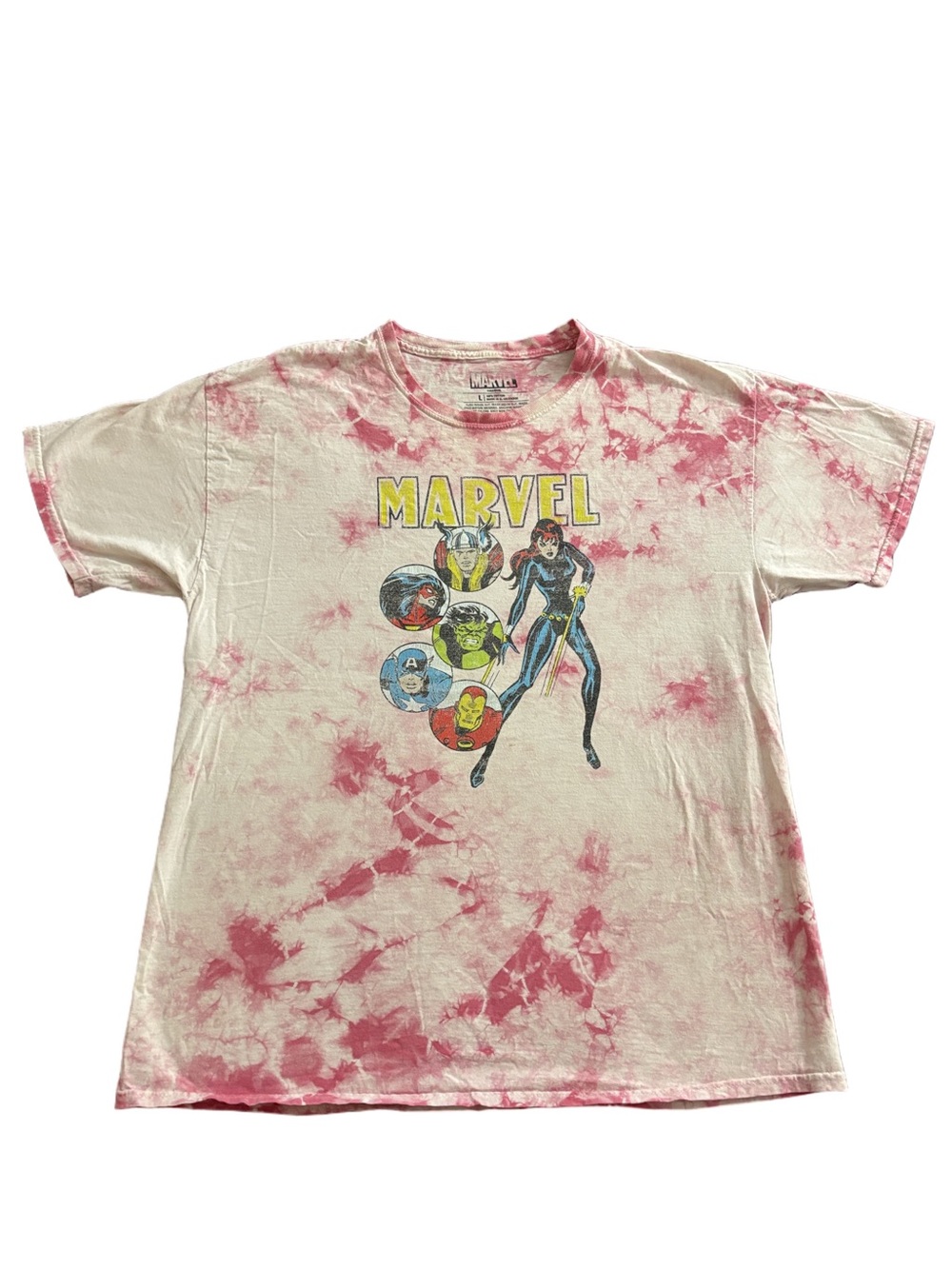 Marvel Avengers Tie Dye Graphic T Shirt Black Widow Hulk Iron Man Large